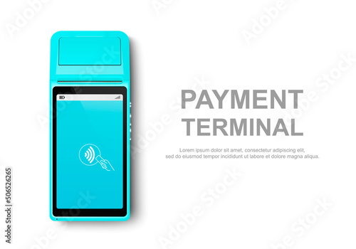 Vector Realistic Blue 3d Touch NFC Mobile Payment Machine. POS Terminal Closeup Isolated on White. Design Template of Bank Payment Wireless Contactless Terminal, Mockup. Payments device. Top View