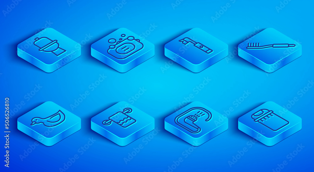 Set line Toilet bowl, Bar of soap, Electric toothbrush, Towel on hanger, Shower, Toothbrush, Rubber duck and Trash can icon. Vector Set line Toilet bowl, Bar of soap, Electric toothbrush, Towel on hanger, Shower, Toothbrush, Rubber duck and Trash can icon. Vector