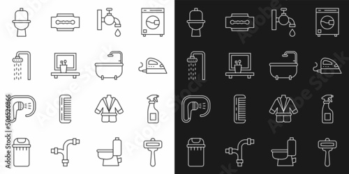 Set line Shaving razor, Cleaning spray bottle, Electric iron, Water tap, Washbasin mirror, Shower, Toilet bowl and Bathtub icon. Vector