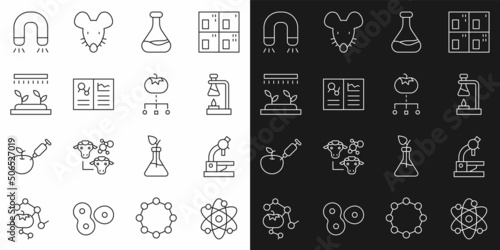 Set line Atom, Microscope, Test tube flask on fire, and, Clinical record, Automatic irrigation sprinklers, Magnet and Genetically modified food icon. Vector