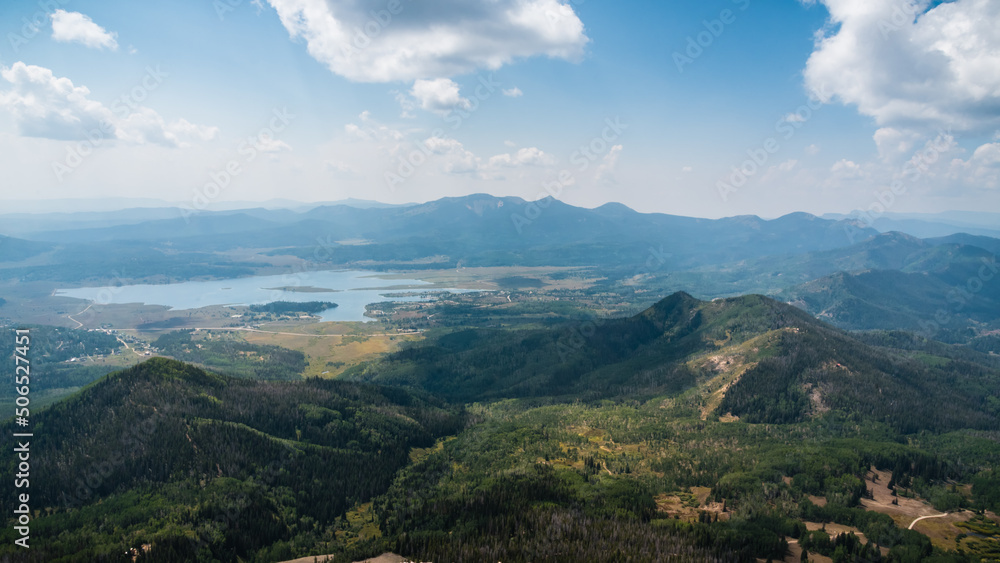 Naklejka premium The view of Steamboat Lake on a hazy day from the summit of Hahns Peak, near Steamboat Springs, Colorado