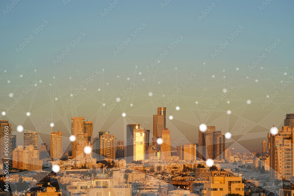Smart network and Connection technology concept with Tel Aviv city background. Smart city and abstract dot points connect. 5G technology in city - obrazy, fototapety, plakaty 