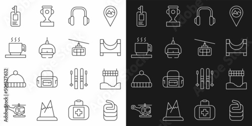 Set line Stone for curling, Ribbon finishing line, Skate park, Winter headphones, Ski lift, Hot chocolate cup, Identification badge and Cable car icon. Vector