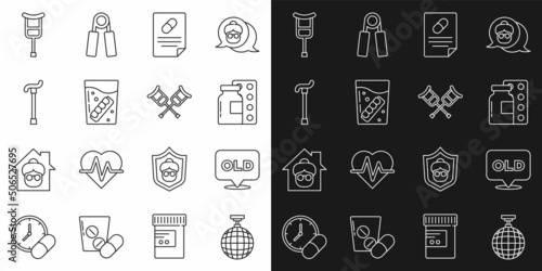 Set line Disco ball, Nursing home, Pills blister pack, Medical prescription, False jaw glass, Walking stick cane, Crutch or crutches and icon. Vector