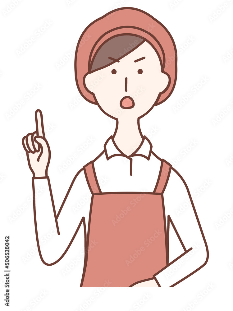 A female clerk holding up her index finger and scolding with a scary face A female clerk holding up her index finger and scolding with a scary face