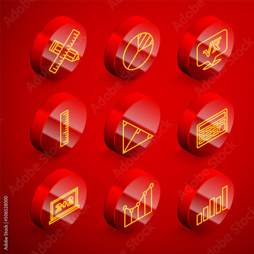 Set line Crossed ruler and pencil, Pie chart infographic, Square root of x glyph, Ruler, Angle bisector triangle, Calculator, Chalkboard and Graph, schedule, chart, diagram icon. Vector photo