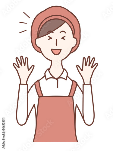 Female clerk happy to raise her hands.