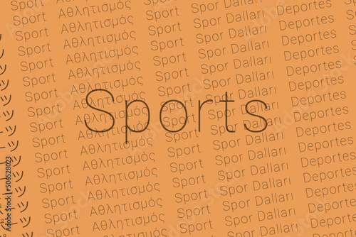 Word Sports in languages of world. Logo Sports on Red sand color