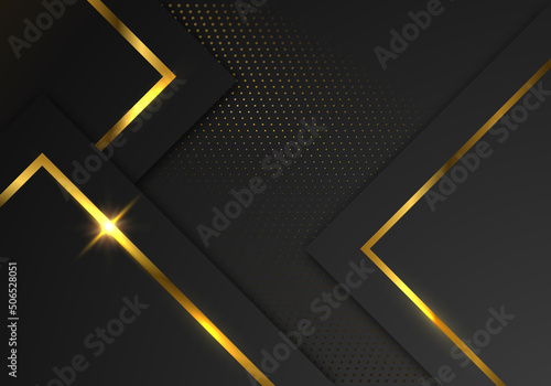 Abstract Premium Black Geometric Overlap Layers with Stripe Golden Line Luxury Style on Dark Background with Copy Space