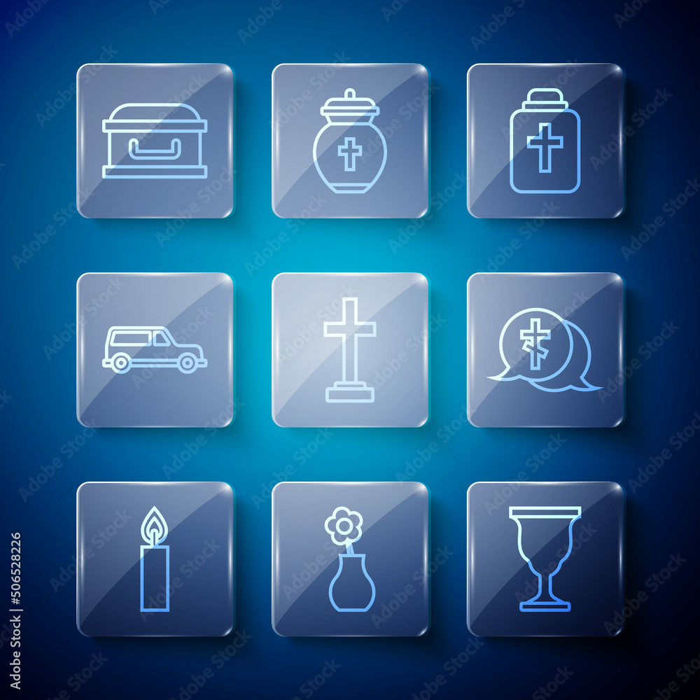 Set line Burning candle, Flower vase, Christian chalice, Funeral, Grave with cross, Hearse car, Coffin and icon. Vector Set line Burning candle, Flower vase, Christian chalice, Funeral, Grave with cross, Hearse car, Coffin and icon. Vector