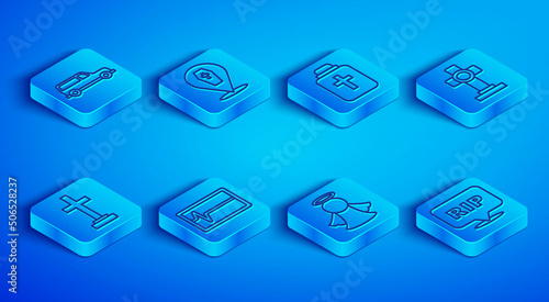 Set line Hearse car, Coffin with cross, Funeral urn, Beat dead monitor, Angel, Grave, and Speech bubble rip death icon. Vector