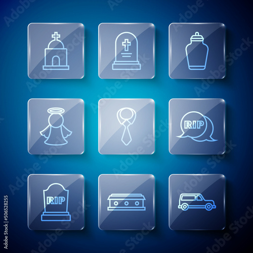 Set line Tombstone with RIP written, Coffin cross, Hearse car, Funeral urn, Tie, Angel, Old crypt and Speech bubble rip death icon. Vector