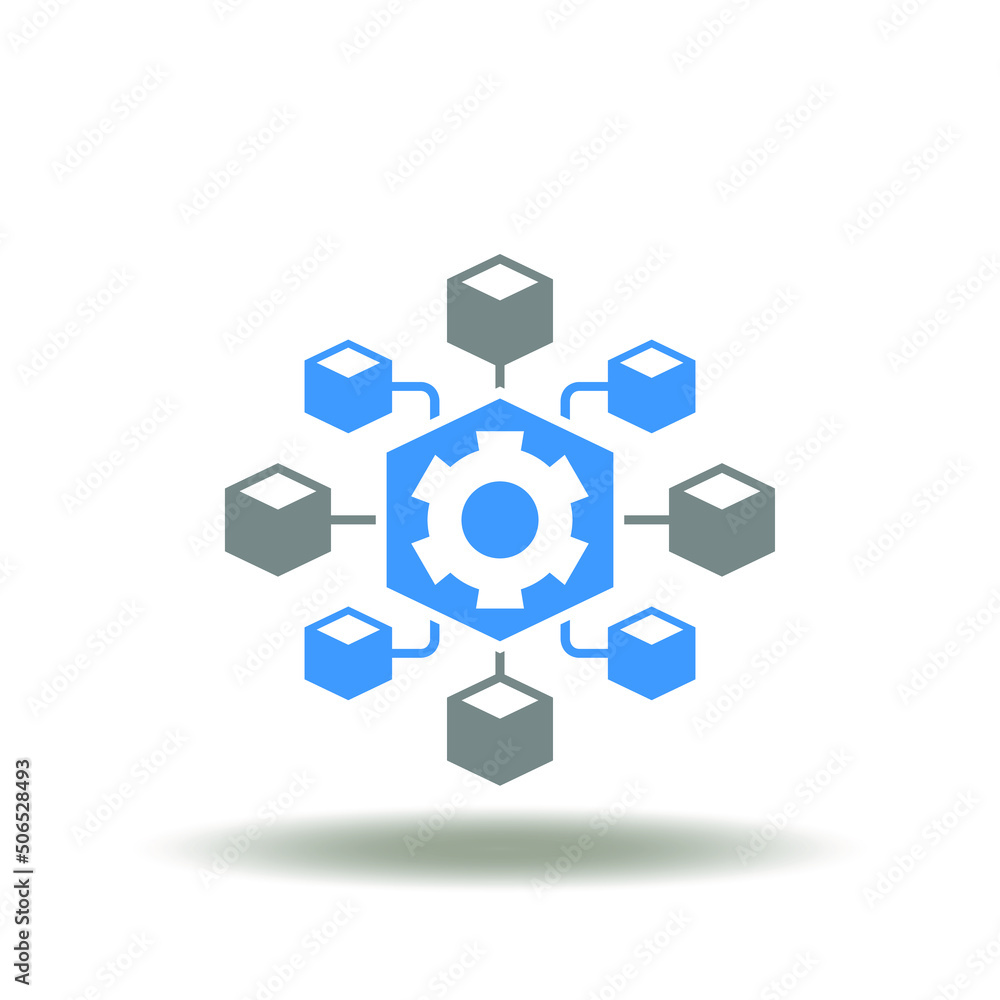 Vector illustration of 3d cube or block with gear flowchart structure. Symbol of Microservices Architecture. Icon of Software Programming Model Flowchart. Sign of blockchain technology.