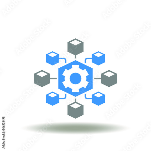 Vector illustration of 3d cube or block with gear flowchart structure. Symbol of Microservices Architecture. Icon of Software Programming Model Flowchart. Sign of blockchain technology.
