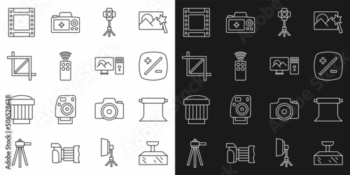 Set line Softbox light, Empty photo studio, Exposure compensation, Remote control for camera, Picture crop, Camera roll cartridge and Photo retouching icon. Vector