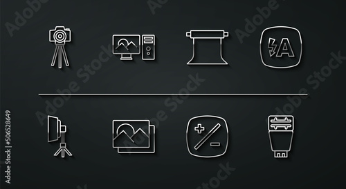 Set line Photo camera, Softbox light, Auto flash, Exposure compensation, frame, retouching, and Empty photo studio icon. Vector