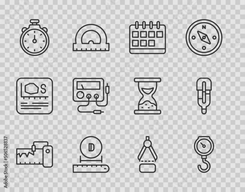 Set line Measuring instrument, Hand scale spring mechanical, Calendar, Diameter, Stopwatch, Multimeter, voltmeter, Drawing compass and Medical thermometer icon. Vector