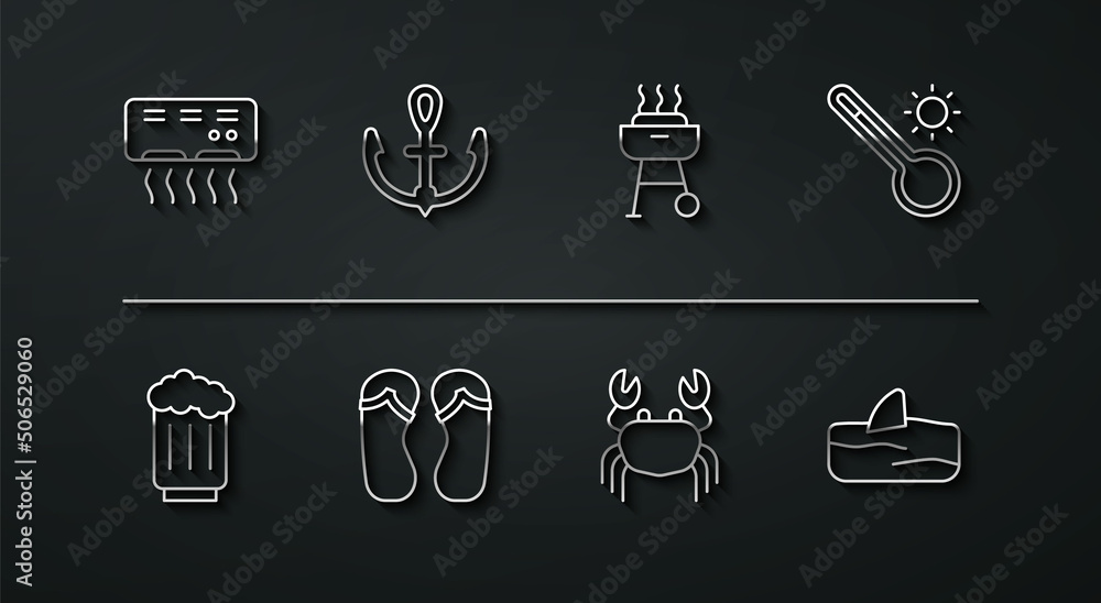 Set line Air conditioner, Wooden beer mug, Meteorology thermometer, Crab, Flip flops, Anchor, Shark fin in ocean wave and Barbecue grill icon. Vector Set line Air conditioner, Wooden beer mug, Meteorology thermometer, Crab, Flip flops, Anchor, Shark fin in ocean wave and Barbecue grill icon. Vector