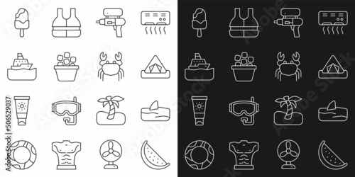 Set line Watermelon, Shark fin in ocean wave, Tourist tent, gun, Ice bucket, Cruise ship, cream and Crab icon. Vector
