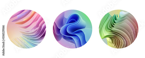 3d render, set of assorted round stickers with colorful ruffles folds and curvy lines. Circles isolated on white background