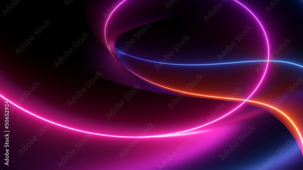 3d render, abstract black background with pink blue neon lines glowing ...