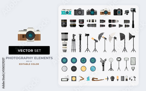 Photography and digital equipment. Camera, Lighting, lens, film. Vector illustration Color editable Eps 10.