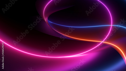 3d render, abstract black background with pink blue neon lines glowing in ultraviolet spectrum, modern wallpaper with light strings