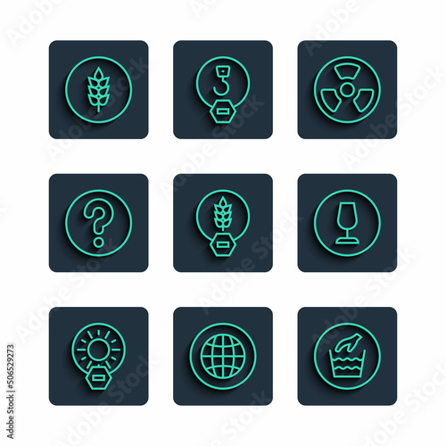Set line No direct sunlight, Social network, Hand wash laundry, Radioactive, Gluten free grain, Unknown search, Wheat and Fragile broken glass icon. Vector
