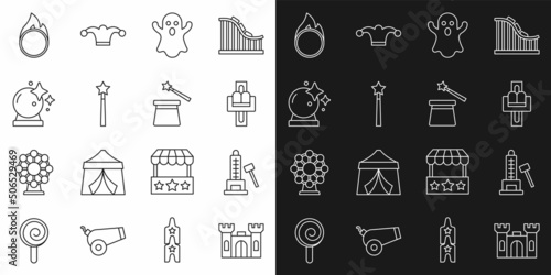 Set line Castle, Striker attraction with hammer, Attraction carousel, Ghost, Magic wand, ball, Circus fire hoop and hat icon. Vector