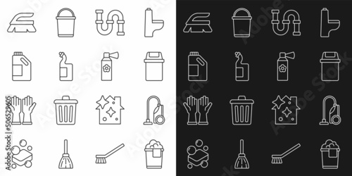 Set line Bucket with foam, Vacuum cleaner, Trash can, Industry metallic pipe, Dishwashing liquid bottle, Bottle for cleaning agent, Brush and Air freshener spray icon. Vector