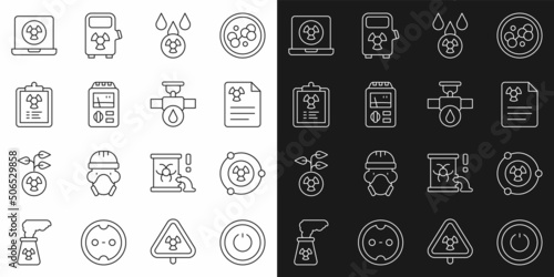 Set line Power button, Radioactive, Radiation warning document, Acid rain and radioactive cloud, Dosimeter, Nuclear laptop and Industry pipe valve icon. Vector
