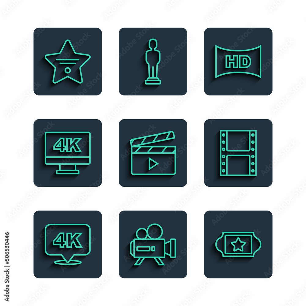 Set line 4k Ultra HD, Retro cinema camera, Cinema ticket, Hd movie, tape, frame, Movie clapper, Screen tv with, Walk of fame star and Play video icon. Vector Set line 4k Ultra HD, Retro cinema camera, Cinema ticket, Hd movie, tape, frame, Movie clapper, Screen tv with, Walk of fame star and Play video icon. Vector