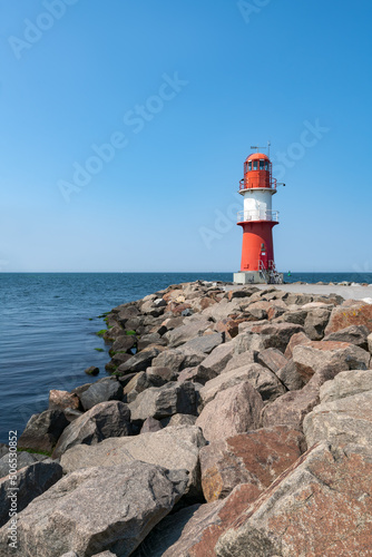 Lighthouse Ostmole Warnemünde in summer, Rostock, Mecklenburg-Vorpommern, Germany