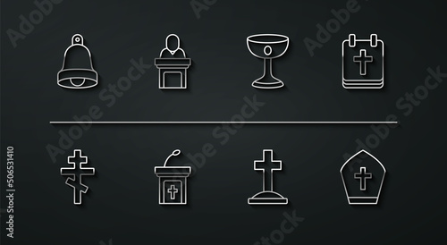 Set line Church bell, Christian cross, Calendar with Easter, Grave, sermon tribune, pastor preaching, Pope hat and chalice icon. Vector