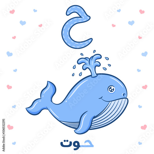 Printable Arabic letter alphabet flashcard sheet learning the Arabic letter with a whale