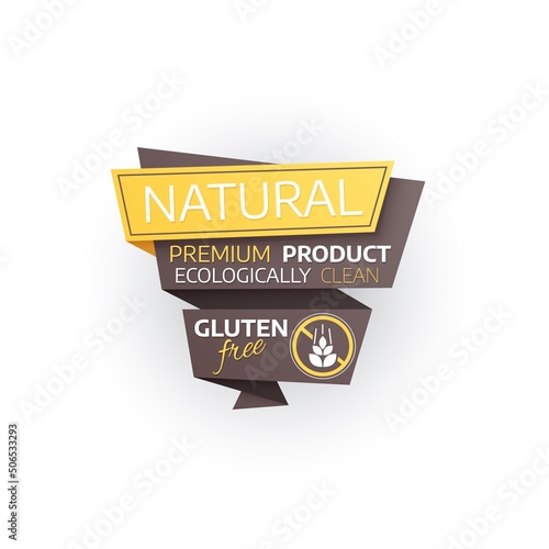 Natural gluten free product icon. Vector label for ecologically clean food, organic production tag or emblem. Bio, eco certification warranty emblem with crossed wheat ear, isolated origami banner