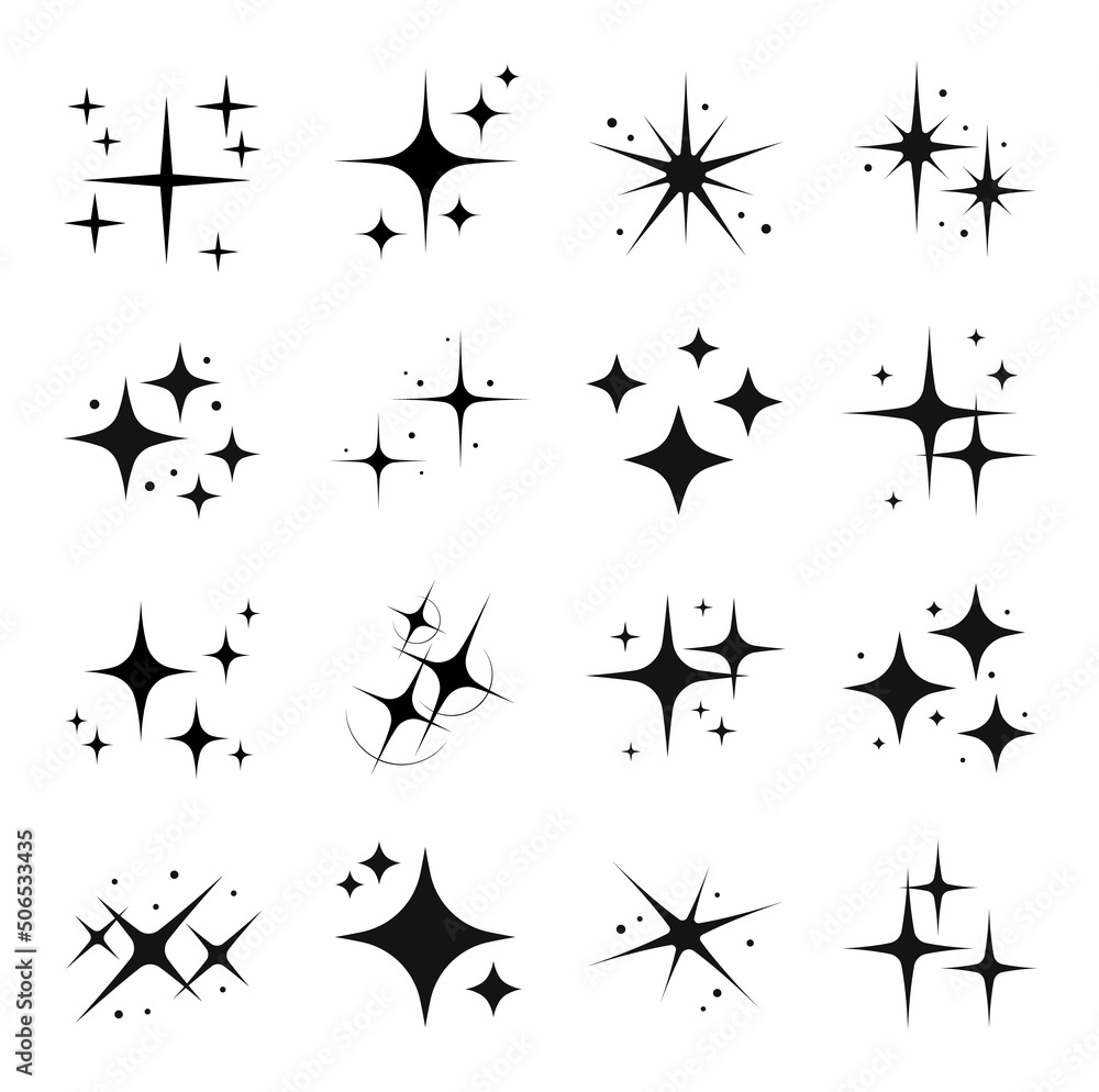 Star sparkle and twinkle, star burst and flash black silhouettes. Isolated vector set of shining lights and sparks of bright stars with glowing rays and flare effect. Magic glint, shiny glitter - obrazy, fototapety, plakaty 