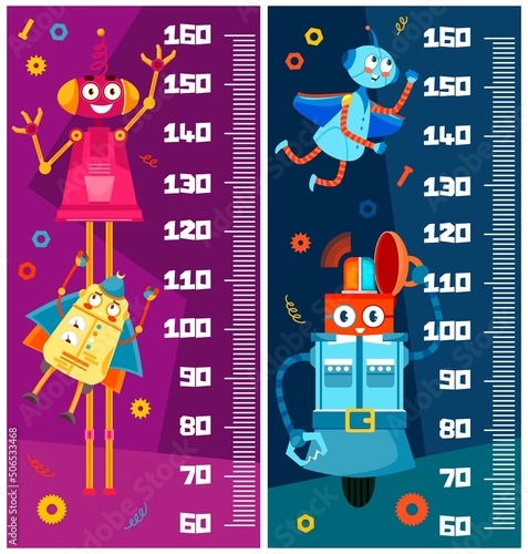 Kids height chart. Cartoon funny robots. Height centimeters scale, children height centimeters ruler or kids growth vector meter with funny vintage robots characters with gears, wings and antennas