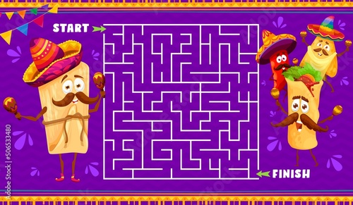 Cartoon mexican tex mex food characters labyrinth maze. Kids vector board game with tamales, burrito, nachos and chilli pepper mariachi artists in sombrero. Boardgame with tangled path