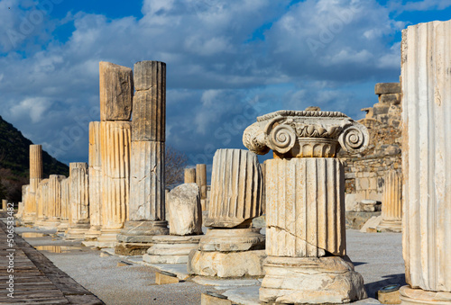 View of the Odeon theater and Upper Agora in the Efesus city in Selcuk, Turkey photo