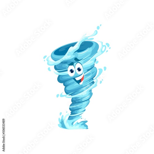 Obraz na plátně Cartoon tornado character, storm, whirlwind twister or cyclone vector emoji with happy smiling face