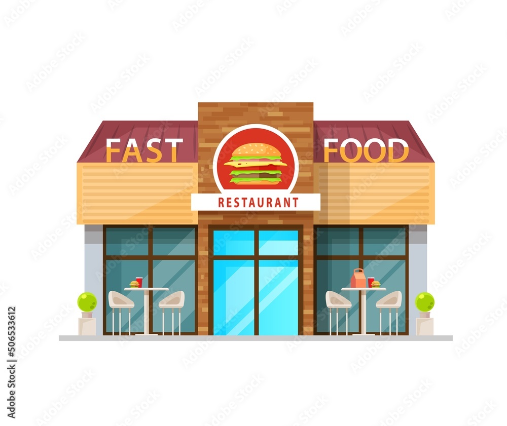 Fast food cafe building, vector restaurant exterior cartoon design with