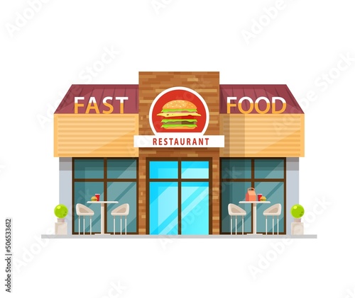Fast food cafe building, vector restaurant exterior cartoon design with wide windows, glass door, signboard and outdoor area with tables and chairs. Fastfood shop facade, isolated city archtecture