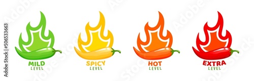 Spicy level labels with fire flames of peppers, mild, medium and extra hot vector symbols. Spicy food taste level or scale icons with burning flame of chili pepper, jalapeno or Tabasco sauce