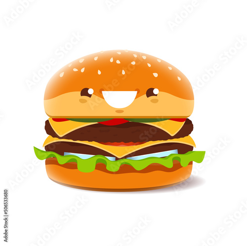 Cartoon burger or cheeseburger character. Kawaii vector fast food personage, funny takeaway fastfood with smiling face. Happy junk meal emoji with cheese, meat cutlet and vegetables isolated burger