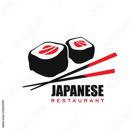 Japanese cuisine restaurant icon. Japan food cafe, sushi restaurant vector symbol or icon with Hosomaki Tekka or Negitoro Maki sushi square rolls with tuna meat and bamboo chopsticks