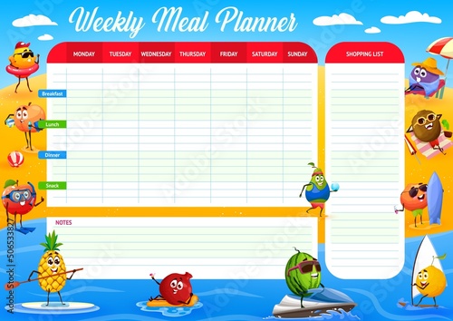 Cartoon raw fruits on summer beach vacation weekly meal planner schedule, organizer check list. Vector food plan with mango, mandarin, garnet and apple, peach, pineapple or pear, plum, kiwi characters
