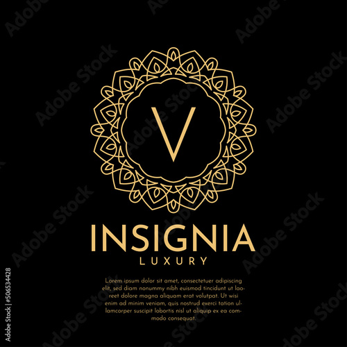 letter V luxurious insignia circle decorative lace vector logo design