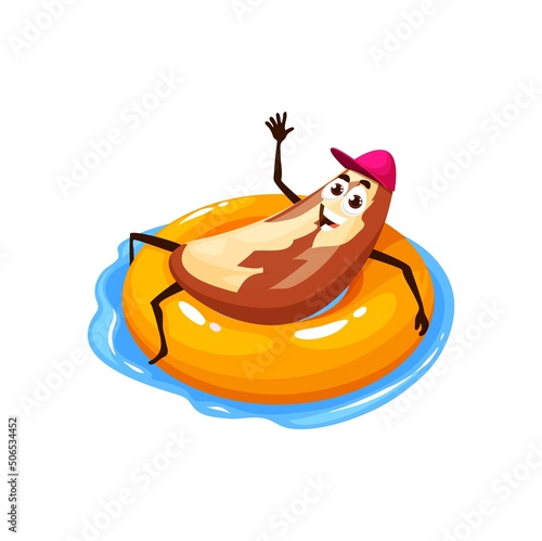 Cartoon brazil nut character on floater ring. Vector kernel seed personage wear cap floating on inflatable mattress, tanning and relax in pool or ocean waves. Game nut personage on vacation