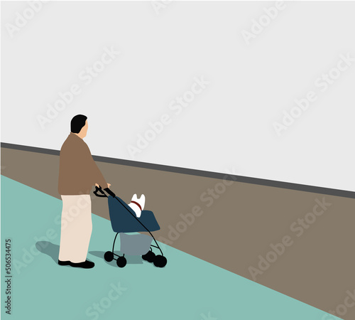 Man pushing dog stroller on city street. Funny Dog on Cityscape Background. Cartoon Vector Illustration.